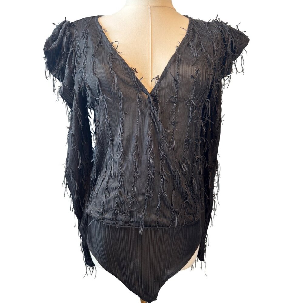 2/$30 Zara Small Black Long Sleeve Fringe Bodysuit Polyester